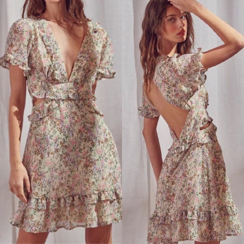 Storia floral flutter sleeve mini dress open back cut out sides